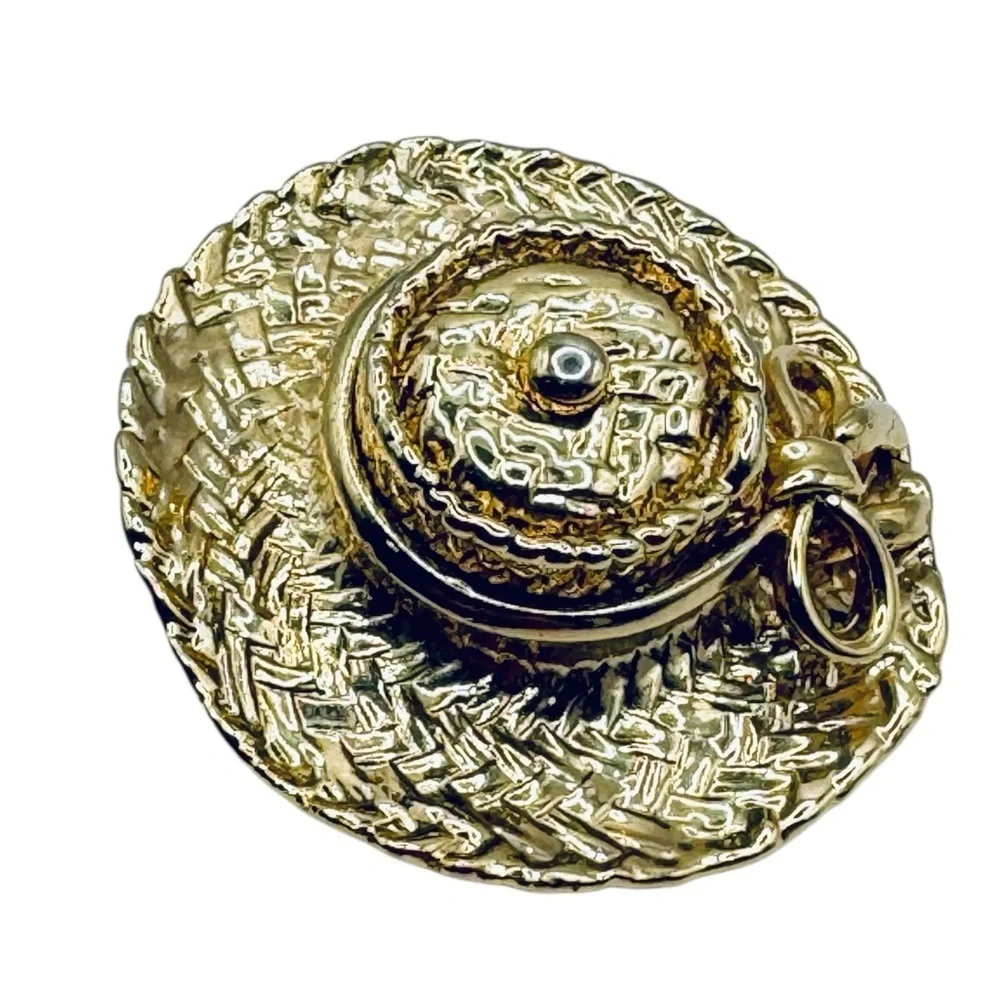 Vintage Gold Tone Straw Hat Brooch Textured Round Statement Pin 2” x 7/8”